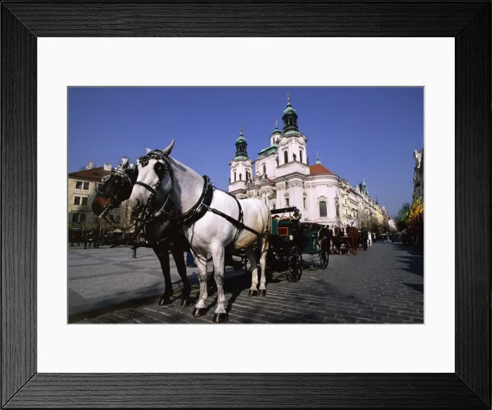 Framed Print : Horse and carriage and church of St. Nicholas, Old Town Square, Prague Framed Print : Horse and carriage and church of St. Nicholas, Old Town Square, Prague
