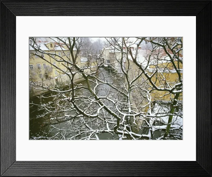 Framed Print : Snow-covered Certovka Channel at Kampa, Mala Strana, Prague, Czech Republic, Europe