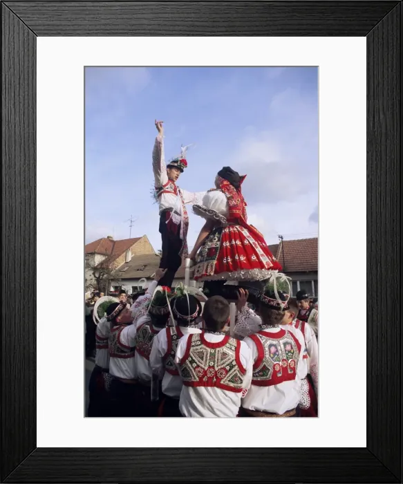 Framed Print : Maiden and lad standing on chairs held by other lads to cheer their union Framed Print : Maiden and lad standing on chairs held by other lads to cheer their union