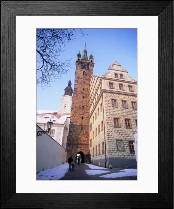 Framed Print : Gothic Black Tower dating from 1557 and rear of Renaissance Town Hall with neo-Renaissance facade by architect Josef Fanta from 1925, Klatovy, Plzensko, Czech Framed Print : Gothic Black Tower dating from 1557 and rear of Renaissance Town Hall with neo-Renaissance facade by architect Josef Fanta from 1925, Klatovy, Plzensko, Czech