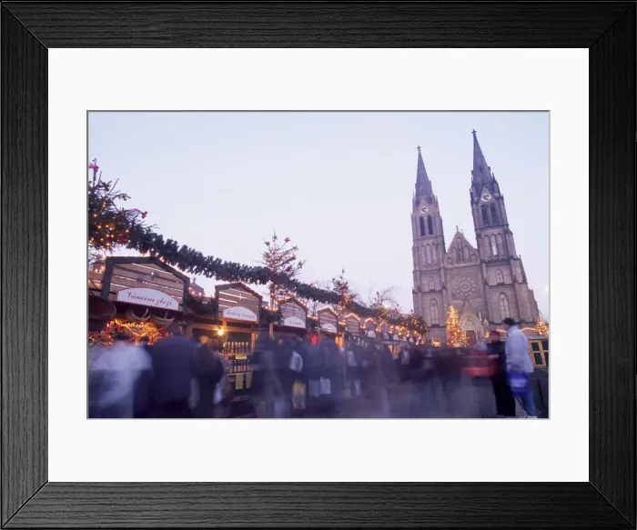Framed Print : Christmas decoration at market on namesti Miru (Square) and neo-Gothic St Framed Print : Christmas decoration at market on namesti Miru (Square) and neo-Gothic St