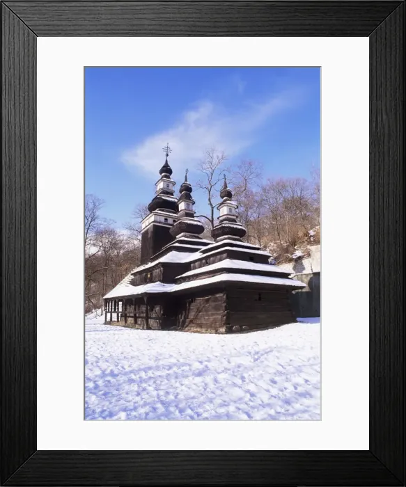 Framed Print : Snow-coverd Christian Orthodox wooden church of St. Michael dating from the 18th century Framed Print : Snow-coverd Christian Orthodox wooden church of St. Michael dating from the 18th century