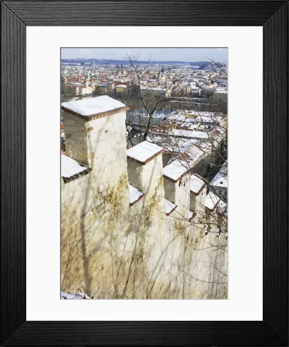 Framed Print : View of Prague from snow-covered Gothic Hunger Wall on Petrin Hill, Mala Strana Framed Print : View of Prague from snow-covered Gothic Hunger Wall on Petrin Hill, Mala Strana