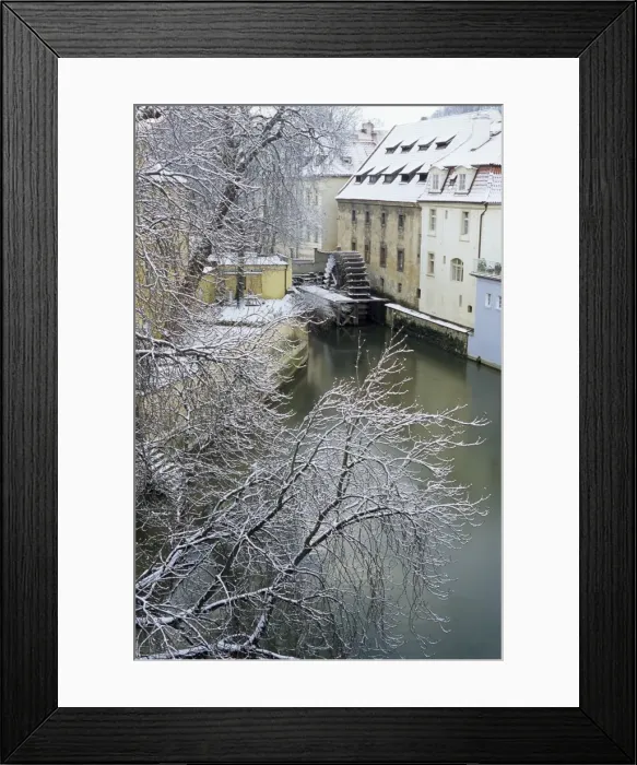 Framed Print : Snow-covered Certovka Canal and water wheel at Kampa Island, Mala Strana suburb Framed Print : Snow-covered Certovka Canal and water wheel at Kampa Island, Mala Strana suburb