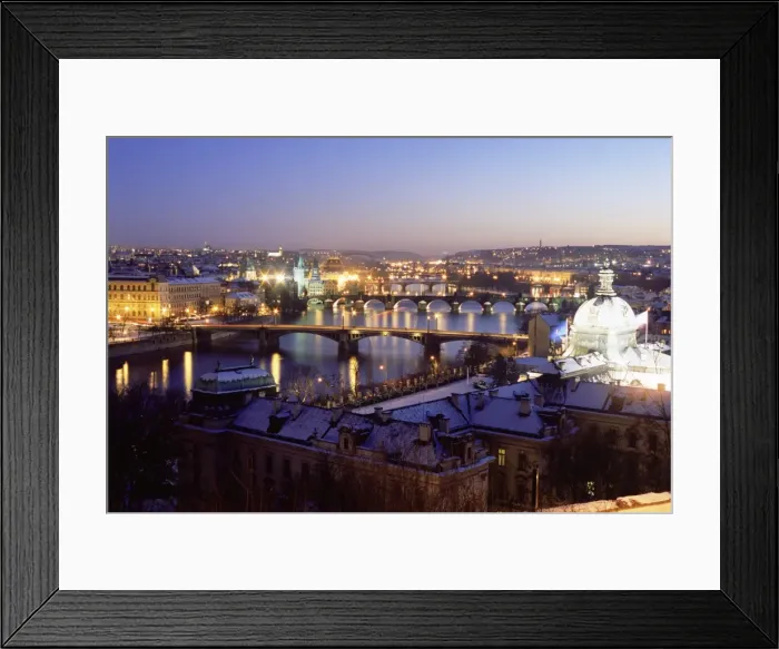 Framed Print : Snow covered bridges across Vltava River dividing Old Town from Mala Strana suburbs in winter twilight, Mala Strana, Prague, Czech Framed Print : Snow covered bridges across Vltava River dividing Old Town from Mala Strana suburbs in winter twilight, Mala Strana, Prague, Czech
