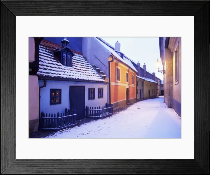 Framed Print : Snow covered 16th century cottages of Golden Lane (Zlata Ulicka) in winter twilight Framed Print : Snow covered 16th century cottages of Golden Lane (Zlata Ulicka) in winter twilight