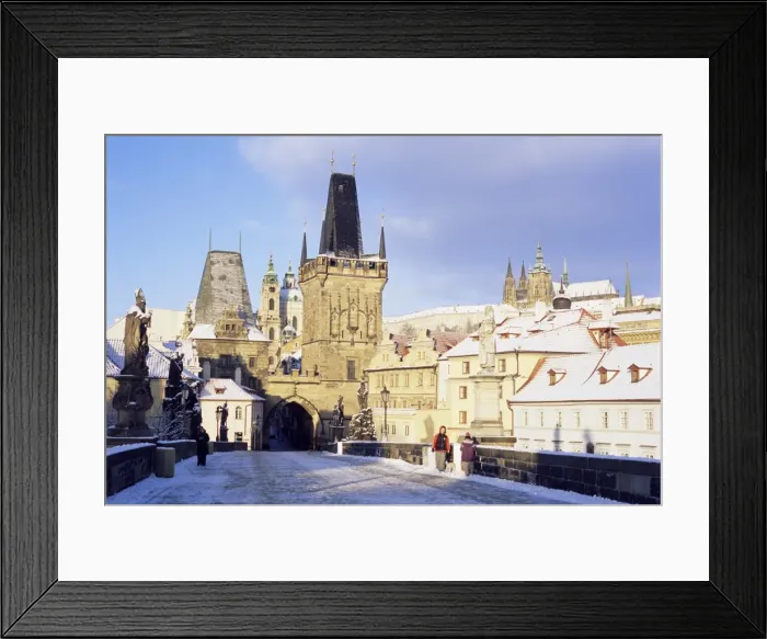Framed Print : Snow-covered Gothic Charles bridge with Baroque statues, Romanesque and Gothic Malostranske bridge towers and Prague castle, Mala Strana, Prague, Czech Framed Print : Snow-covered Gothic Charles bridge with Baroque statues, Romanesque and Gothic Malostranske bridge towers and Prague castle, Mala Strana, Prague, Czech