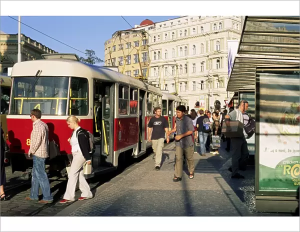 Passengers and trams at namesti Miru (square), Vinohrady, Prague, Czech Republic, Europe