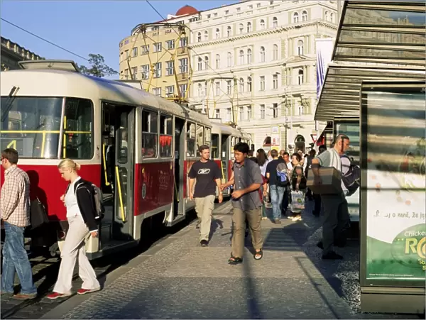 Passengers and trams at namesti Miru (square), Vinohrady, Prague, Czech Republic, Europe