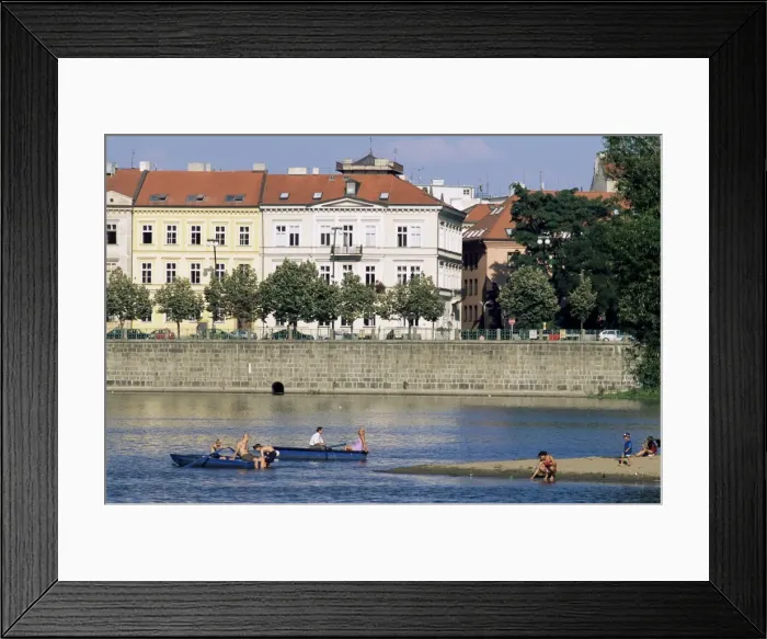 Framed Print : People boating on Vltava River below Smetana embankment, Stare Mesto, Prague Framed Print : People boating on Vltava River below Smetana embankment, Stare Mesto, Prague