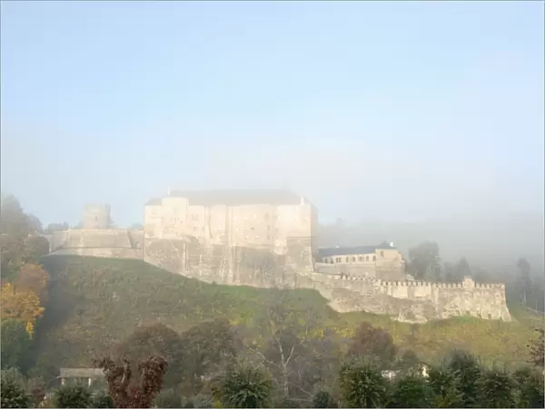 Cesky Sternberk Gothic Castle in morning fog, Cesky Sternberk, Central Bohemia
