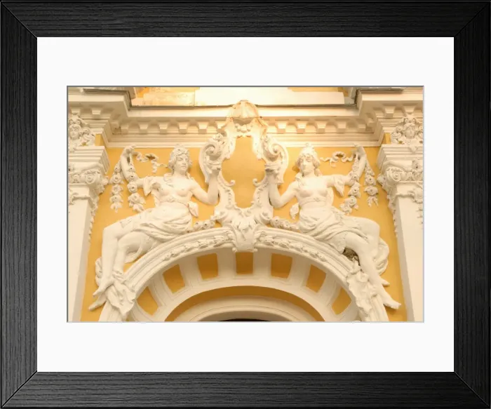 Framed Print : Detail of stucco decoration on facade of Dvorana Glauberovych Spring Spa building dating from the 19th century, in spa town of Frantiskovy Lazne, Karlovarsky Region, West Bohemia, Czech Framed Print : Detail of stucco decoration on facade of Dvorana Glauberovych Spring Spa building dating from the 19th century, in spa town of Frantiskovy Lazne, Karlovarsky Region, West Bohemia, Czech