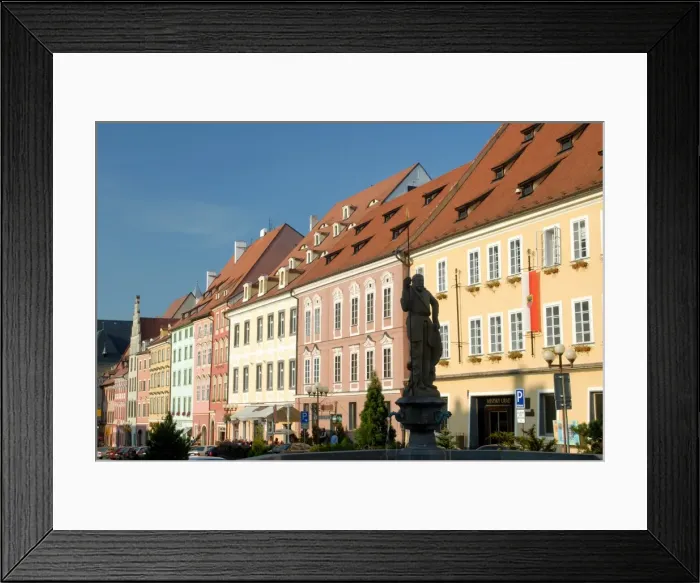 Framed Print : Silhouette of statue against row of Baroque houses on main Kral Jiri z Podebrad Square Framed Print : Silhouette of statue against row of Baroque houses on main Kral Jiri z Podebrad Square