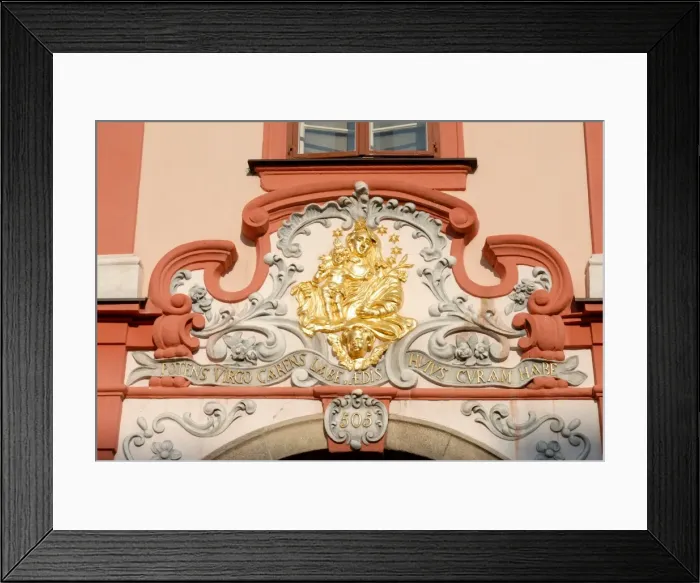 Framed Print : Detail of Baroque decoration on facade of building at Kral Jiri z Podebrad Square in town of Cheb