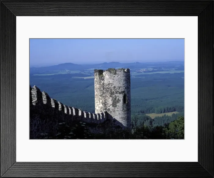 Framed Print : Extterior of tower and wall of Bezdez Castle with landscape of valley below Framed Print : Extterior of tower and wall of Bezdez Castle with landscape of valley below