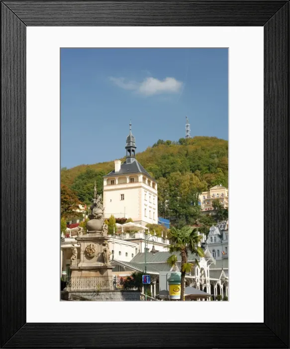 Framed Print : Baroque Plague Column and 19th century spa buildings in spa town of Karlovy Vary Framed Print : Baroque Plague Column and 19th century spa buildings in spa town of Karlovy Vary