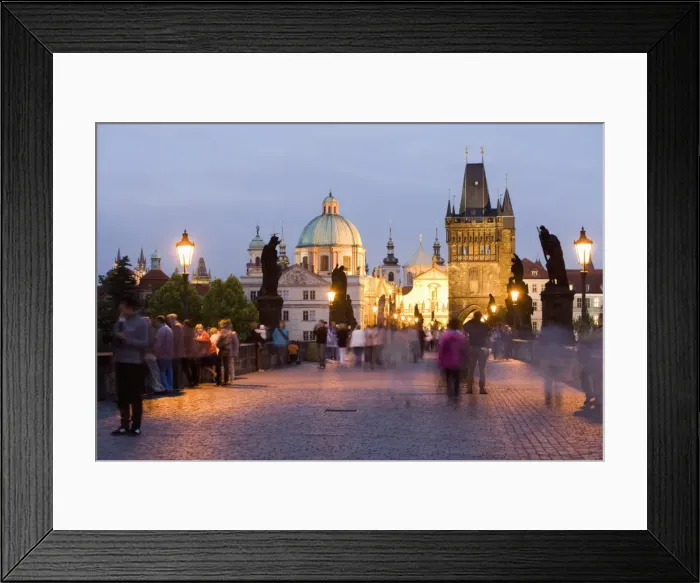Framed Print : Statues and crowds on the Charles Bridge, with the dome of the Church of St Framed Print : Statues and crowds on the Charles Bridge, with the dome of the Church of St