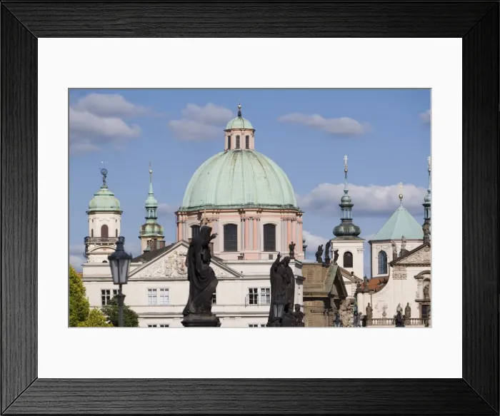 Framed Print : Statues on Charles Bridge and dome of the Church of St. Francis, Old Town Framed Print : Statues on Charles Bridge and dome of the Church of St. Francis, Old Town