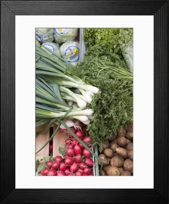 Framed Print : Vegetables including spring onions, potatoes and radishes on market stall Framed Print : Vegetables including spring onions, potatoes and radishes on market stall