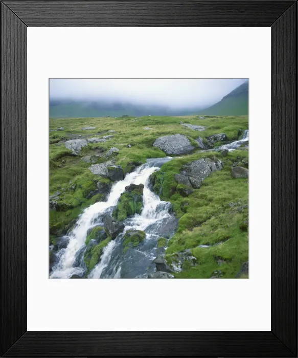 Framed Print : Stream rushing over rocks in a wet misty environment, Estoroy Island, Faroe Islands Framed Print : Stream rushing over rocks in a wet misty environment, Estoroy Island, Faroe Islands