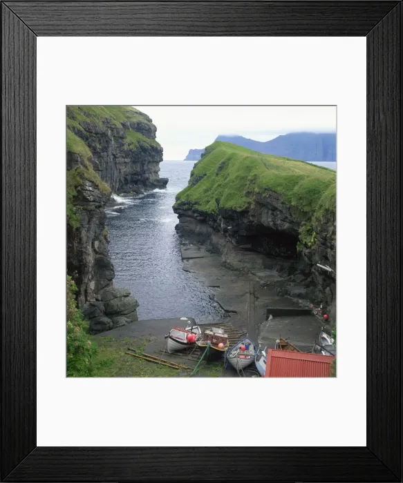 Framed Print : Fishing boats in a cove at Gjogv, Estoroy Island, Faroe Islands, Denmark, Europe Framed Print : Fishing boats in a cove at Gjogv, Estoroy Island, Faroe Islands, Denmark, Europe