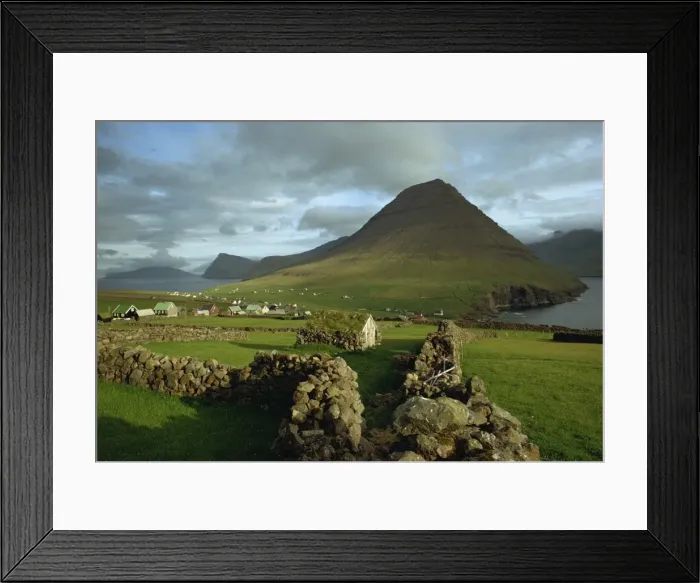 Framed Print : Landscape containing dry stone walls and a small settlement, Faroe Islands Framed Print : Landscape containing dry stone walls and a small settlement, Faroe Islands