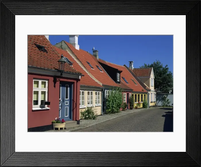 Framed Print : Typical painted housing with tiled roofs, Aeroskobing village, Aero Island Framed Print : Typical painted housing with tiled roofs, Aeroskobing village, Aero Island