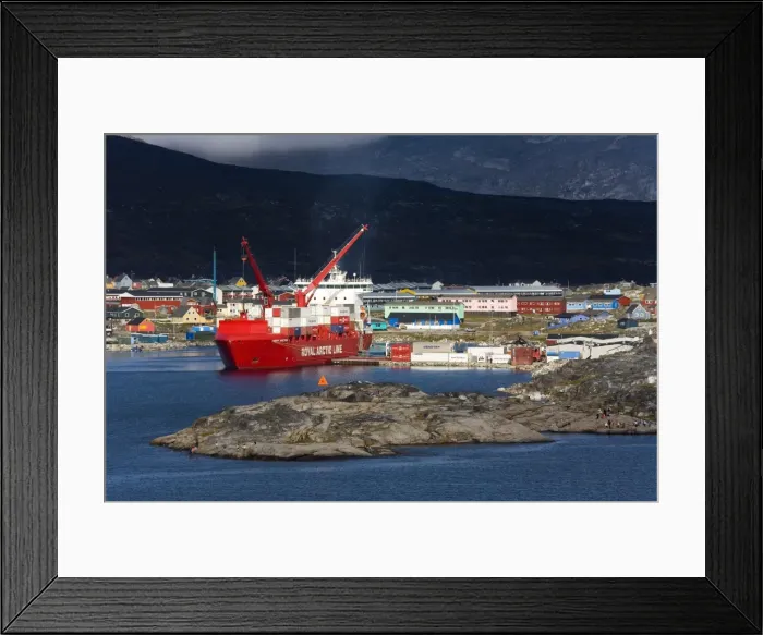 Framed Print : Container ship unloading at Nanortalik Port, Island of Qoornoq, Province of Kitaa Framed Print : Container ship unloading at Nanortalik Port, Island of Qoornoq, Province of Kitaa