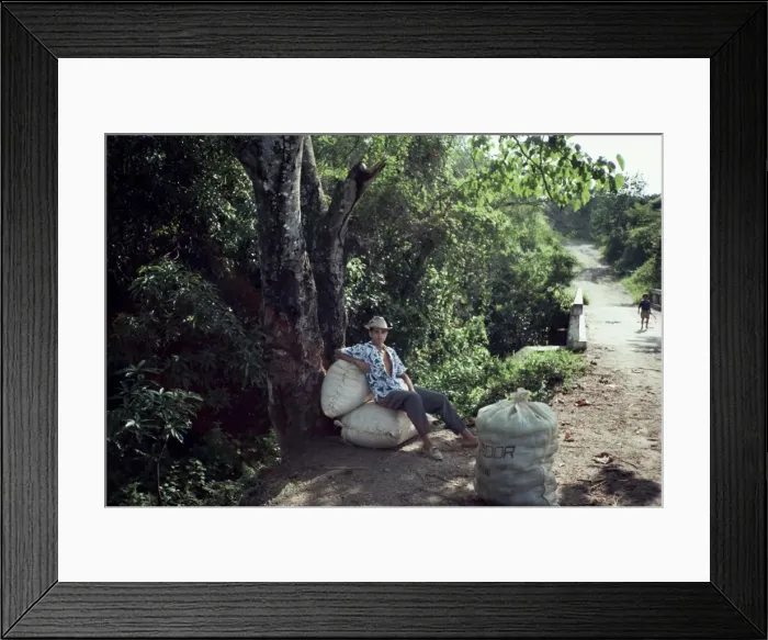 Framed Print : Boy waits along roadside with bags of peanuts, on the outskirts of El Cadillar