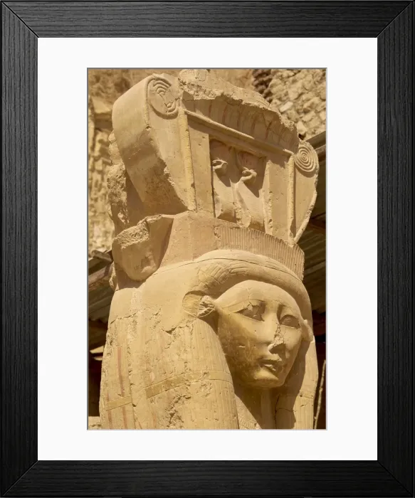 Framed Print : Detail of Hathors face forming the capitals on the square pillars in the Chapel of Hathor Framed Print : Detail of Hathors face forming the capitals on the square pillars in the Chapel of Hathor