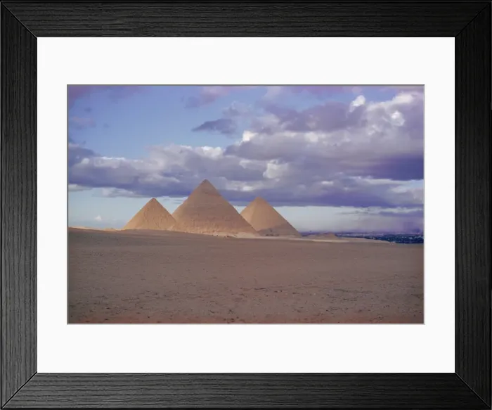Framed Print : Pyramid of Menkewre (left), pyramid of Chephren (centre), pyramid of Cheops (right) Framed Print : Pyramid of Menkewre (left), pyramid of Chephren (centre), pyramid of Cheops (right)