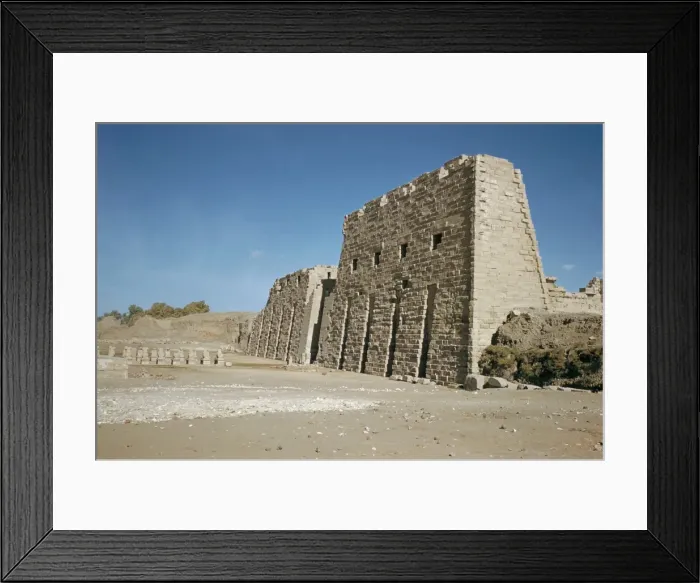 Framed Print : Entrance, west pylons, grooved to hold 8 flagstaffs, unfinished stonework Framed Print : Entrance, west pylons, grooved to hold 8 flagstaffs, unfinished stonework