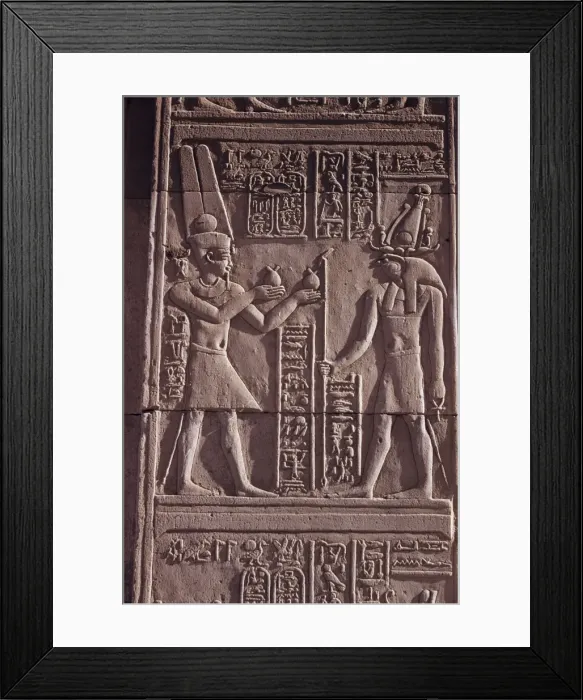Framed Print : Ptolemaic low relief of the hawk-headed god Horus presented with offerings Framed Print : Ptolemaic low relief of the hawk-headed god Horus presented with offerings