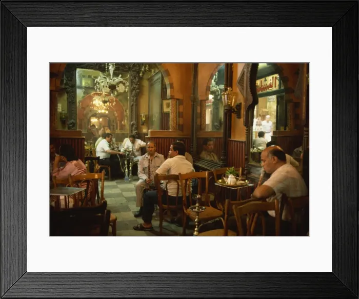 Framed Print : Men smoking hookahs in the interior of the El Fishawy Coffee House in Khan al-Kalili Bazaar in Cairo, Egypt, North Framed Print : Men smoking hookahs in the interior of the El Fishawy Coffee House in Khan al-Kalili Bazaar in Cairo, Egypt, North