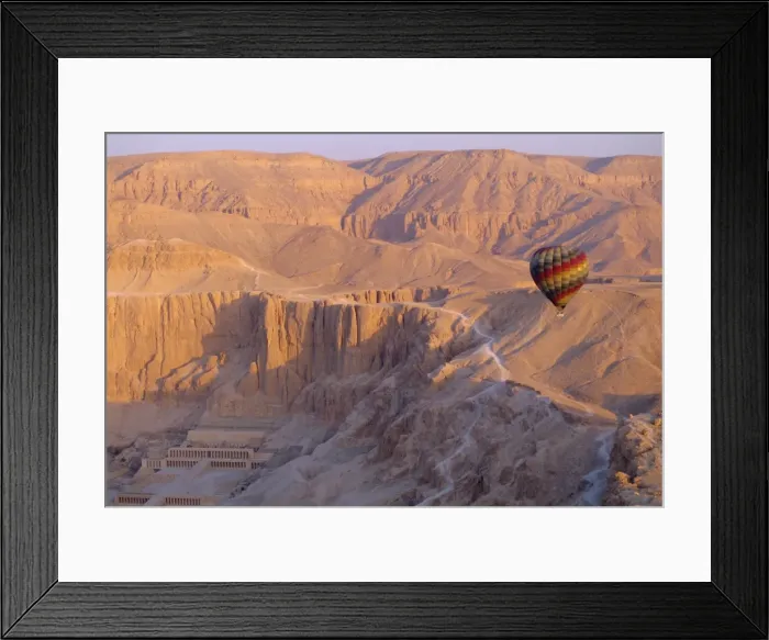 Framed Print : Hot air balloon floating over the Temple of Hatshepsut, Valley of the Kings Framed Print : Hot air balloon floating over the Temple of Hatshepsut, Valley of the Kings