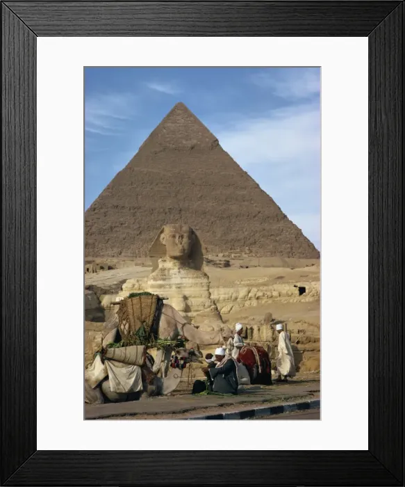 Framed Print : Camels and owners in front of the Sphinx and one of the pyramids at Giza Framed Print : Camels and owners in front of the Sphinx and one of the pyramids at Giza