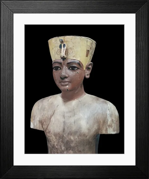 Framed Print : Dummy head of the young king, made from stuccoed and painted wood, from the tomb of the pharaoh Tutankhamun, discovered in the Valley of the Kings, Thebes, Egypt, North Framed Print : Dummy head of the young king, made from stuccoed and painted wood, from the tomb of the pharaoh Tutankhamun, discovered in the Valley of the Kings, Thebes, Egypt, North