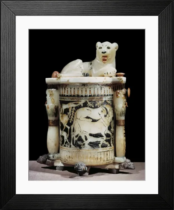 Framed Print : Painted alabaster unguent jar showing hunting scene, with the king as a lion Framed Print : Painted alabaster unguent jar showing hunting scene, with the king as a lion