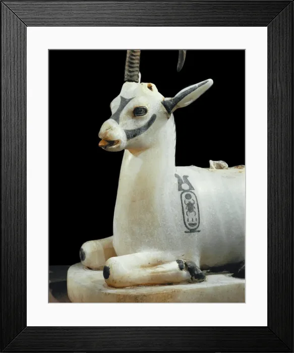 Framed Print : Inlaid alabaster unguent jar in the form of an ibex, with one natural horn Framed Print : Inlaid alabaster unguent jar in the form of an ibex, with one natural horn