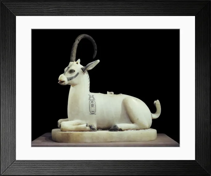 Framed Print : Inlaid alabaster unguent jar in the form of an ibex, with one natural horn Framed Print : Inlaid alabaster unguent jar in the form of an ibex, with one natural horn