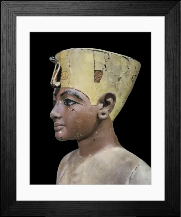 Framed Print : Dummy head of the young king, made from stuccoed and painted wood, from the tomb of the pharaoh Tutankhamun, discovered in the Valley of the Kings, Thebes, Egypt, North Framed Print : Dummy head of the young king, made from stuccoed and painted wood, from the tomb of the pharaoh Tutankhamun, discovered in the Valley of the Kings, Thebes, Egypt, North