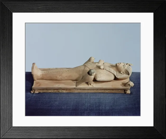 Framed Print : Image of the kings mummy on its funeral bed flanked by the kings two souls Framed Print : Image of the kings mummy on its funeral bed flanked by the kings two souls
