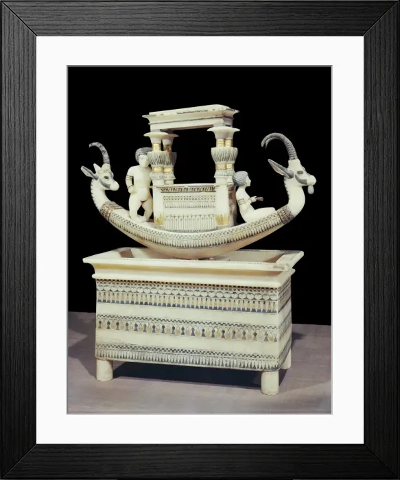 Framed Print : Alabaster boat showing the head of a Syrian ibex and a figure thought to be princess Mutnedjmet on the prow, from the tomb of the pharaoh Tutankhamun, discovered in the Valley of the Kings, Thebes, Egypt, North Framed Print : Alabaster boat showing the head of a Syrian ibex and a figure thought to be princess Mutnedjmet on the prow, from the tomb of the pharaoh Tutankhamun, discovered in the Valley of the Kings, Thebes, Egypt, North