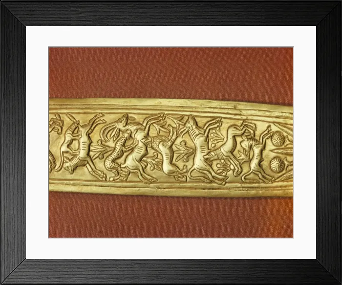 Framed Print : Detail of the gold sheath of one of the kings daggers showing animals in a hunting scene Framed Print : Detail of the gold sheath of one of the kings daggers showing animals in a hunting scene
