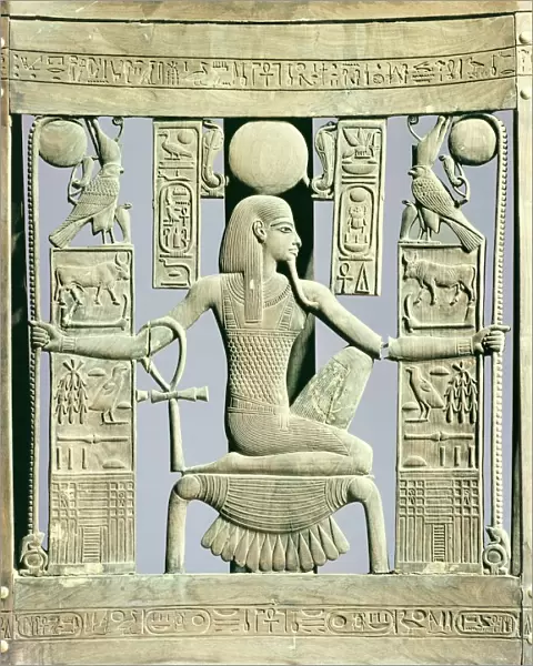 Detail of the back of a chair decorated with royal names and with the spirit of millions of years