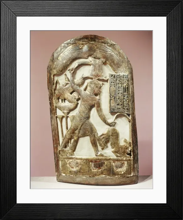 Framed Print : Votive shield showing the king slaying two lions, from the tomb of the pharaoh Tutankhamun Framed Print : Votive shield showing the king slaying two lions, from the tomb of the pharaoh Tutankhamun