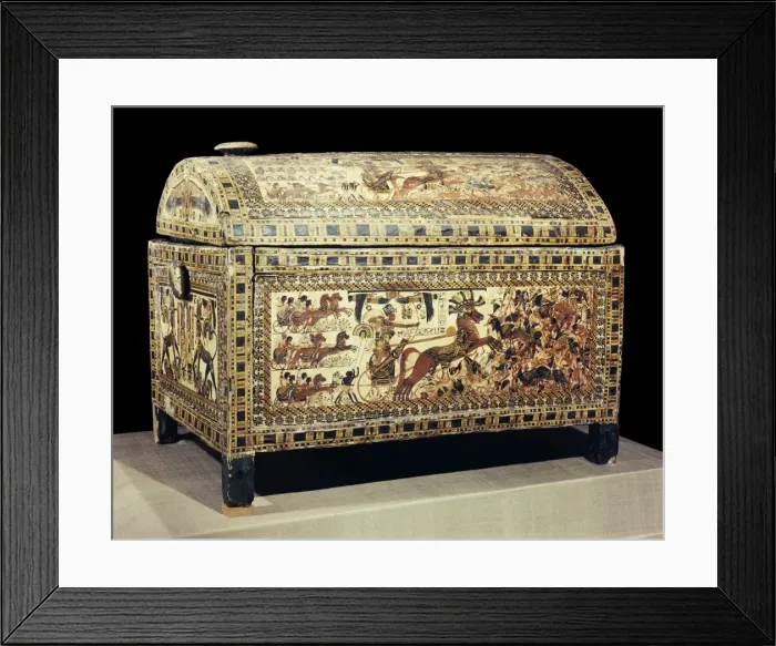 Framed Print : The painted box of stuccoed wood showing the king in his chariot, from the tomb of the pharaoh Tutankhamun, discovered in the Valley of the Kings, Thebes, Egypt, North Framed Print : The painted box of stuccoed wood showing the king in his chariot, from the tomb of the pharaoh Tutankhamun, discovered in the Valley of the Kings, Thebes, Egypt, North