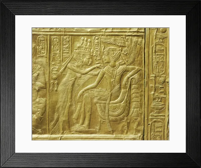 Framed Print : Detail of the exterior of the gilt shrine showing the queen fastening a necklace around the kings neck, from the tomb of the pharaoh Tutankhamun, discovered in the Valley of the Kings, Thebes, Egypt, North Framed Print : Detail of the exterior of the gilt shrine showing the queen fastening a necklace around the kings neck, from the tomb of the pharaoh Tutankhamun, discovered in the Valley of the Kings, Thebes, Egypt, North
