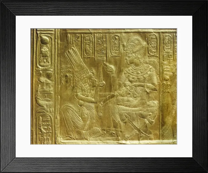 Framed Print : Detail of the exterior of the gilt shrine showing the king pouring perfumed liquid into the queens hand, from the tomb of the pharaoh Tutankhamun, discovered in the Valley of the Kings, Thebes, Egypt, North Framed Print : Detail of the exterior of the gilt shrine showing the king pouring perfumed liquid into the queens hand, from the tomb of the pharaoh Tutankhamun, discovered in the Valley of the Kings, Thebes, Egypt, North