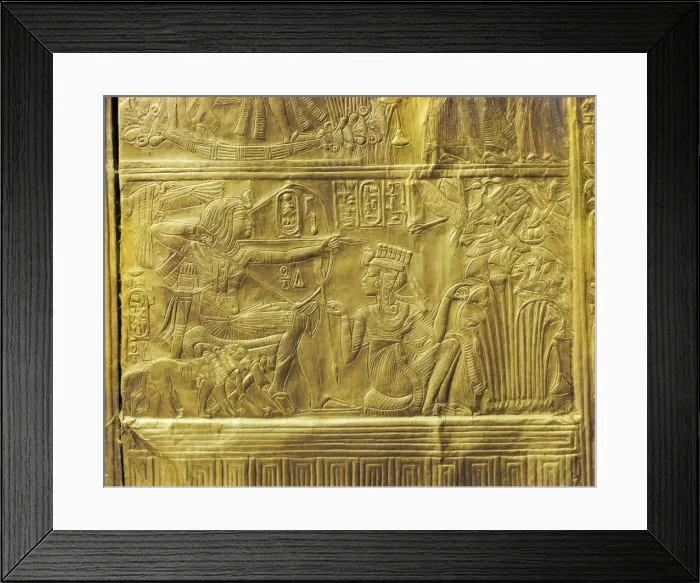 Framed Print : Detail of the exterior of the gilt shrine showing the queen helping the king in a ritual hunting scene, from the tomb of the pharaoh Tutankhamun, discovered in the Valley of the Kings, Thebes, Egypt, North Framed Print : Detail of the exterior of the gilt shrine showing the queen helping the king in a ritual hunting scene, from the tomb of the pharaoh Tutankhamun, discovered in the Valley of the Kings, Thebes, Egypt, North